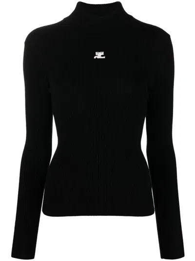 Courrèges Black Reedition Rib Knit Mock Neck Sweater