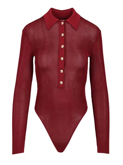Self-portrait Self Portrait Women Burgundy Viscose Knit Long-sleeved Bodysuit In Burgundy