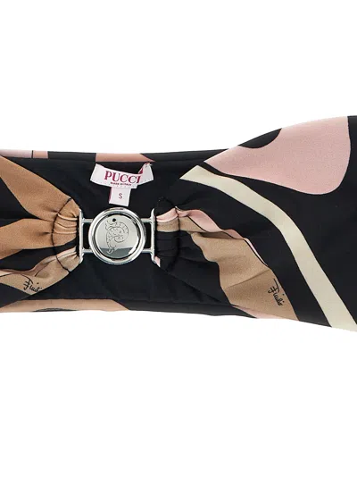 Pucci Bandeau Swim Top With Abstract Pattern And Metal Ring Detail In Black