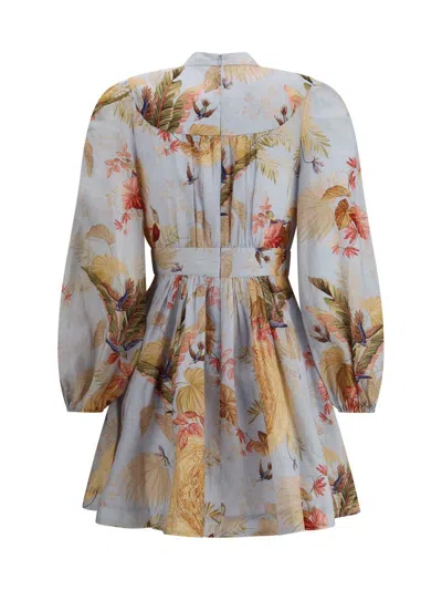 Zimmermann Ascension Light Blue Mini Dress With Flared Skirt And All-over Print In Linen Woman In Neutral