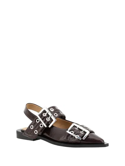 Ganni Pointed Toe Black Ballerinas With Eyelet-accented Buckle Detail In Black