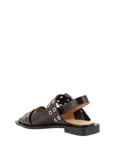Ganni Pointed Toe Black Ballerinas With Eyelet-accented Buckle Detail In Black