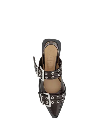 Ganni Pointed Toe Black Ballerinas With Eyelet-accented Buckle Detail In Black