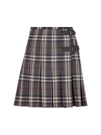 Burberry Wool Skirt With Embroidered Buckle And Pleats