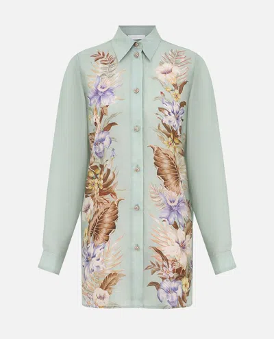 Zimmermann Floral Silk Shirt Featuring Buttoned Cuffs In Green