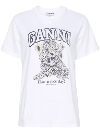 Ganni White T-shirt With Print And Logo Lettering On The Front In Cotton Woman