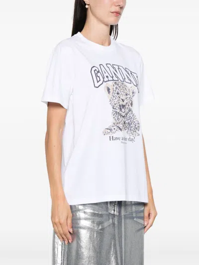 Ganni White T-shirt With Print And Logo Lettering On The Front In Cotton Woman