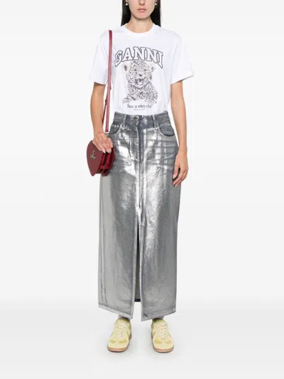 Ganni White T-shirt With Print And Logo Lettering On The Front In Cotton Woman