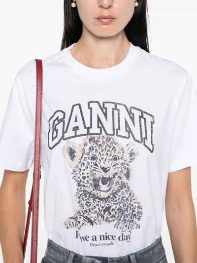 Ganni White T-shirt With Print And Logo Lettering On The Front In Cotton Woman