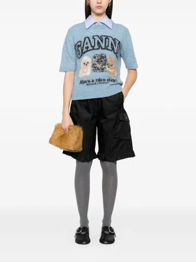 Ganni Flap Pocket Ruffle Hem Shorts In Black