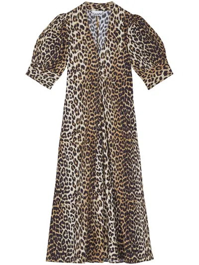 Ganni Organic Cotton Maxi Dress In Animal Print