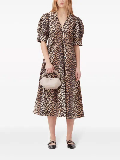 Ganni Organic Cotton Maxi Dress In Animal Print