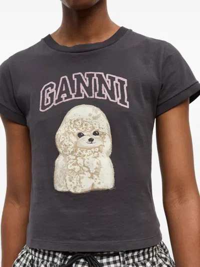 Ganni Women Black T-shirt With Round Neck And Maxi Logo On The Front In Cotton Woman In Black