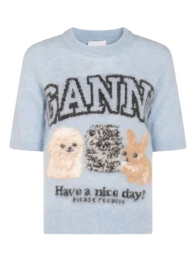 Ganni Womens Soft Chambray Logo Puppies Wool-blend Knit Top