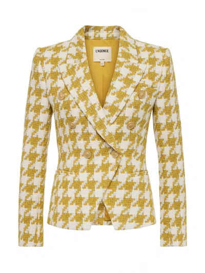 L Agence Marie Houndstooth Tweed Blazer In Yellow