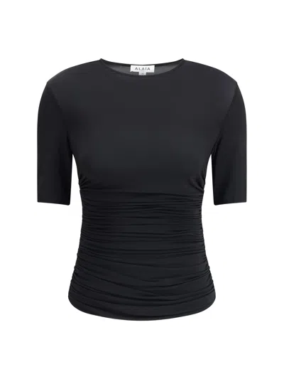 Alaïa Womens Alaia Ruched Round-neck Stretch-woven Top In Black
