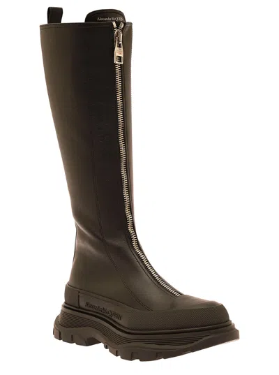 Alexander Mcqueen Tread Slick Black Boots With Embossed Logo And Chunky Platform In Leather Woman In Black