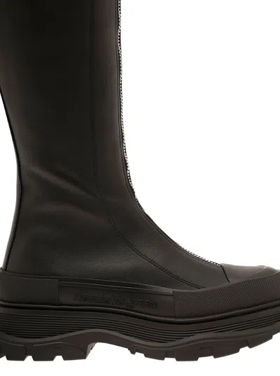 Alexander Mcqueen Tread Slick Black Boots With Embossed Logo And Chunky Platform In Leather Woman In Black