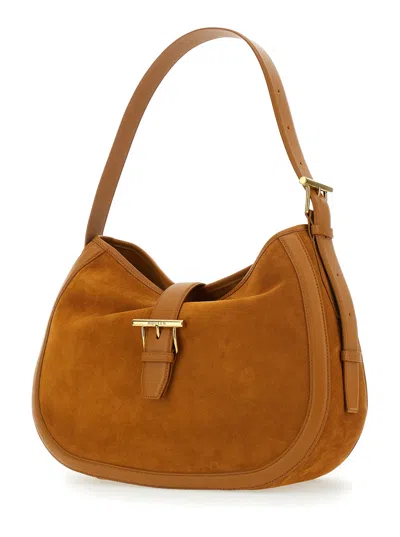 Alexander Mcqueen Brown Shoulder Bag With Adjustable Shoulder Strap And T Buckle Closure On The Front In Suede Woman In Neutral