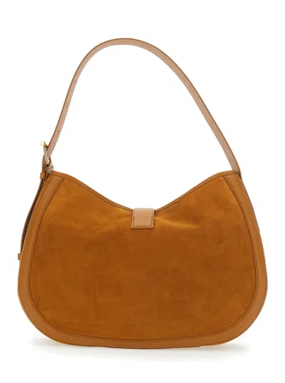 Alexander Mcqueen Brown Shoulder Bag With Adjustable Shoulder Strap And T Buckle Closure On The Front In Suede Woman In Neutral
