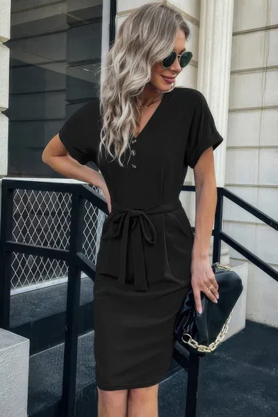 Fashnzfab Solid Button Detail Cuffed Pocket Short Dress