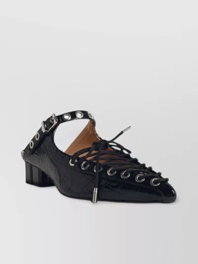 Ganni Laced Block Heel Mules With Eyelet Detailing In Black
