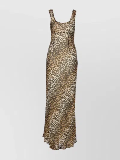 Ganni Animal Print Scoop Neckline Floor-length Dress In Brown
