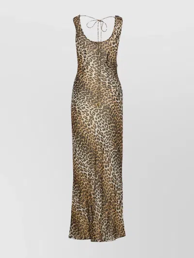 Ganni Animal Print Scoop Neckline Floor-length Dress In Brown