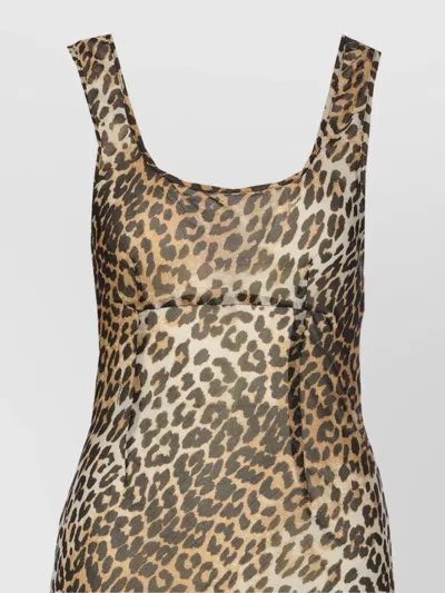 Ganni Animal Print Scoop Neckline Floor-length Dress In Brown