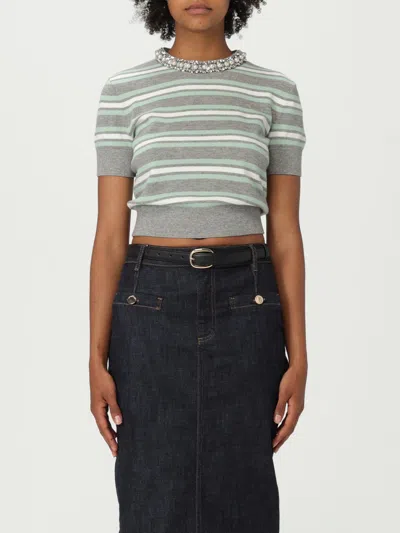 Self-portrait Self Portrait 'grey Striped Crystal Trim Knit' Sweater In Animal Print