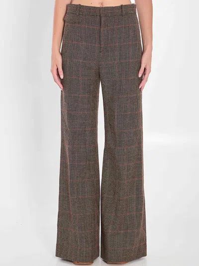 Chloé Brown Flared Checkered Wool Trousers In Brown