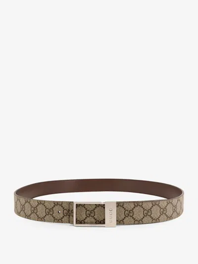 Gucci Men Gg Supreme Fabric And Leather Belt In Brown