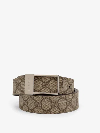 Gucci Men Gg Supreme Fabric And Leather Belt In Brown