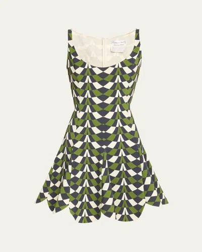 Oscar De La Renta Geometric Fit-and-flare Scalloped Wool Mini Dress In Green