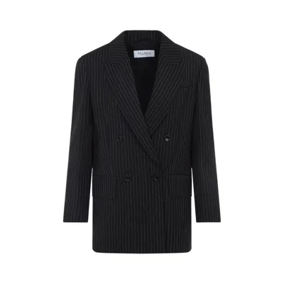 Max Mara Black Pinstriped Double-breasted Wool Jacket In Black