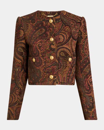 Chloé Boxy Collarless Jacket In Tapestry Jacquard In Brown