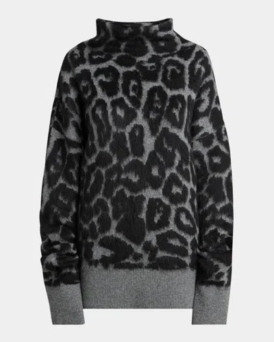 Stella Mccartney Leopard Print Turtleneck Sweater In Wool In Black