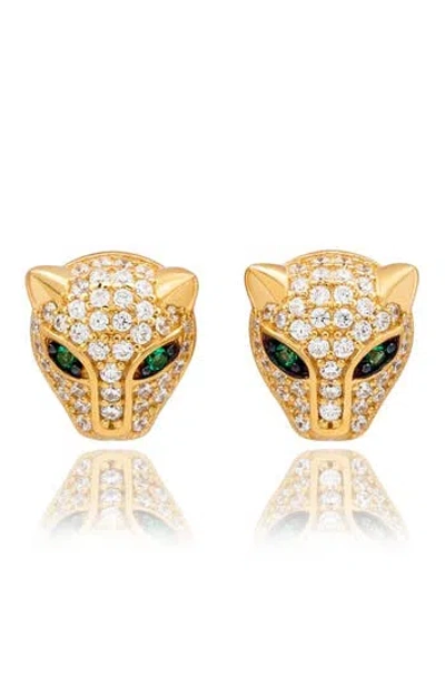 Suzy Levian White Sterling Silver Cubic Zirconia Panther Stud Earrings In Gold