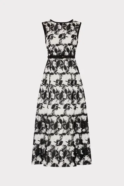 Milly Paloma Two Tone Lace Midi Dress Short Sleeve Top In Black