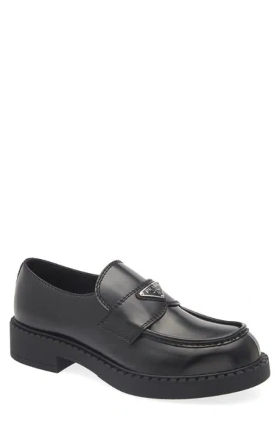 Prada Loafers Brushed Leather Elastic Gusset In Black