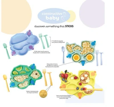 Constructive Eating Turtle Theme Divided Suction Training Plate And Utensils For Kids And Toddlers