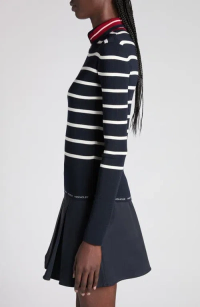 Moncler Stripe Virgin Wool Quarter Zip Pullover In Black