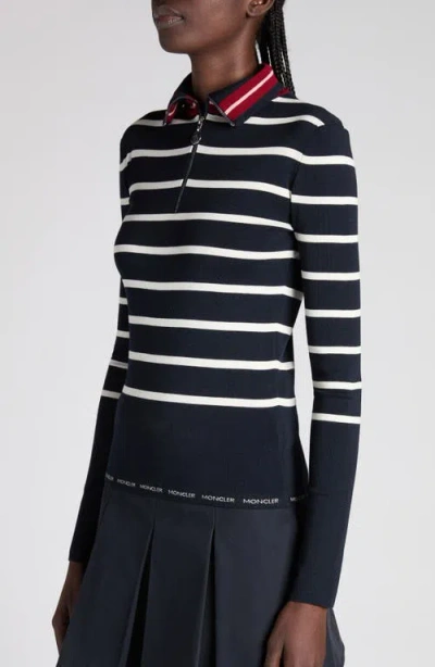 Moncler Stripe Virgin Wool Quarter Zip Pullover In Black