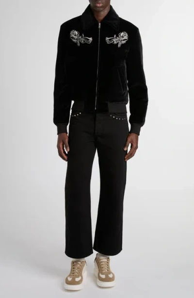 Alexander Mcqueen Mcqueen Soho Embroidered Velveteen Bomber Jacket In Black
