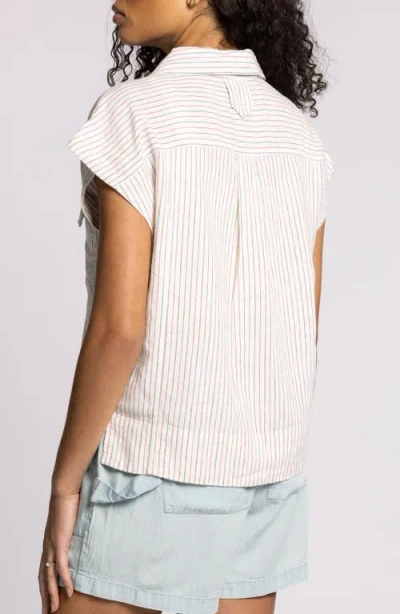 Thread & Supply Lydia Stripe Short Sleeve Linen Blend Button-up Shirt In Neutral