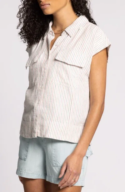 Thread & Supply Lydia Stripe Short Sleeve Linen Blend Button-up Shirt In Neutral