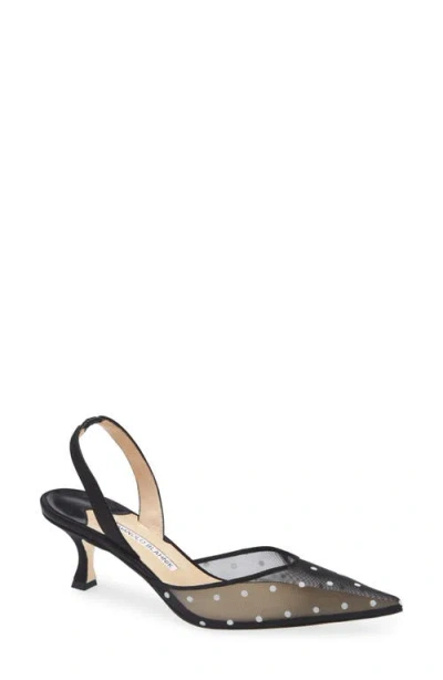 Manolo Blahnik Carolyne 50 Polka-dot Flocked Mesh And Satin Slingback Pumps In Black