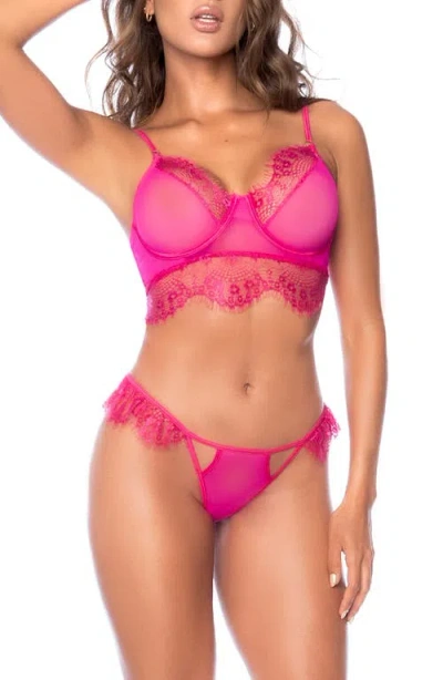 Mapalé Mapale Lace Trim Mesh Underwire Bra & Thong Set In Pink