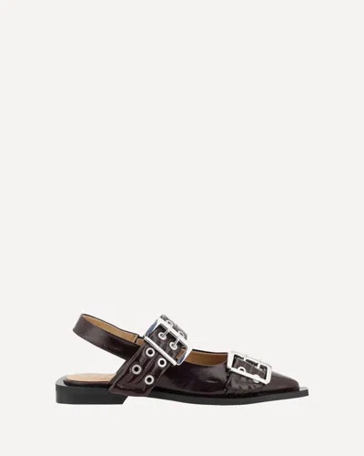 Ganni Embellished Glossed Recycled Point-toe Slingback Flats In Brown