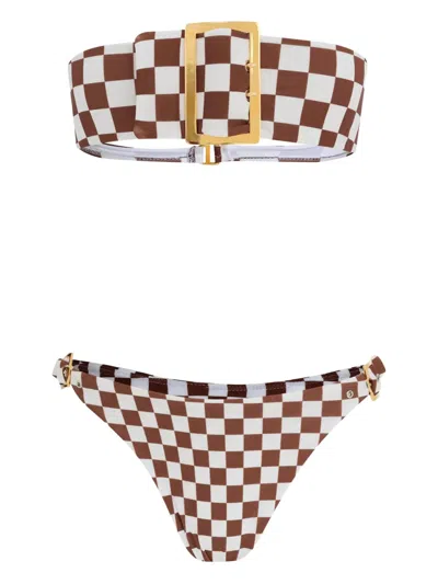 Amir Slama Check-print Belted Bikini Set In Brown